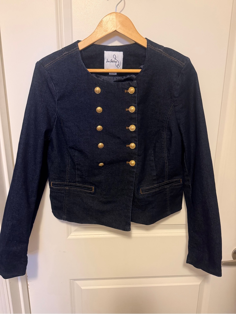 Sam Edelman Navy Military-Style denim Blazer with Gold Buttons.